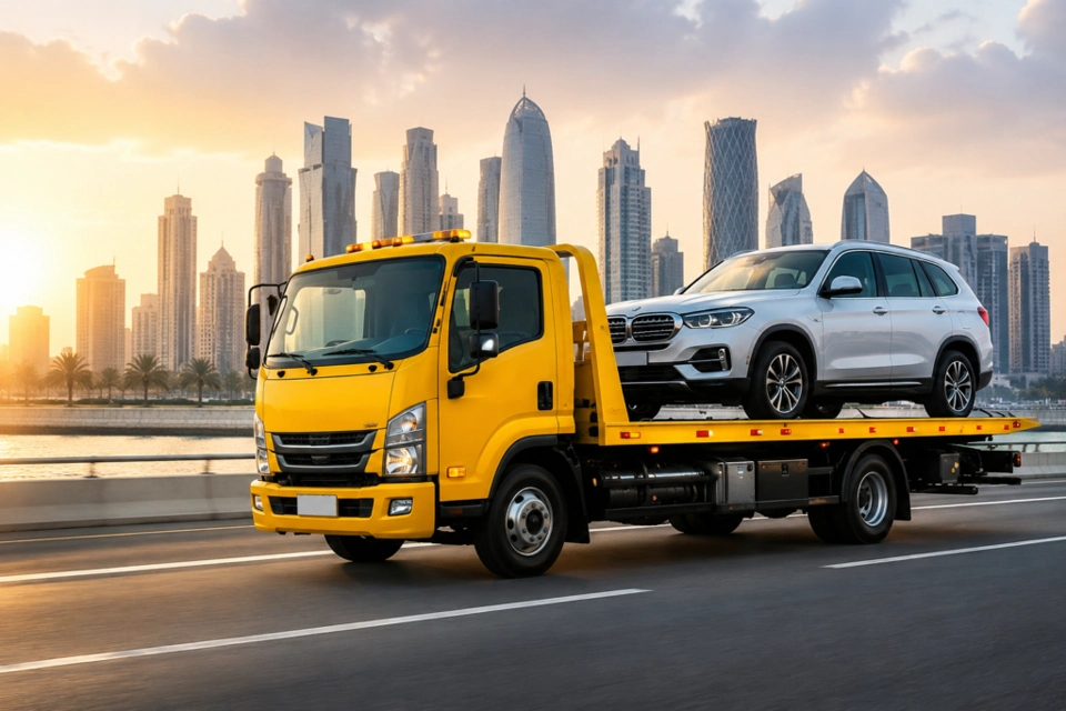 A flatbed tow truck carrying an SUV beside the Doha skyline